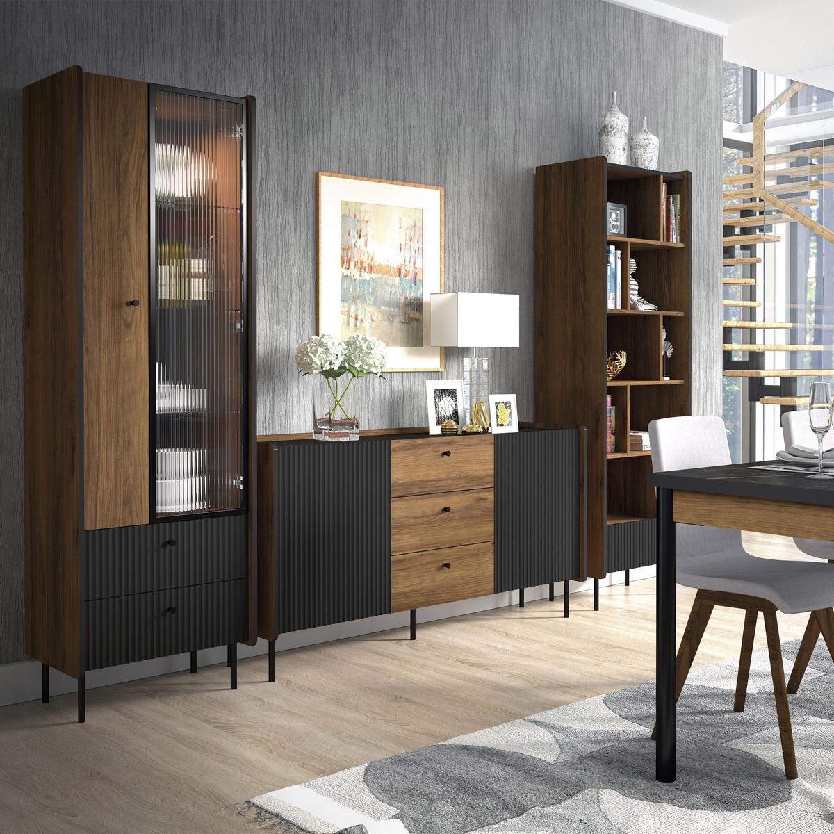 HIGHBOARD Piano mit 2 Türen und 3 Schubladen, Mattschwarz + Warmia-Nussbaum - Dunkelbraun/Schwarz, Holzwerkstoff (88/140/40cm) - Beautysofa
