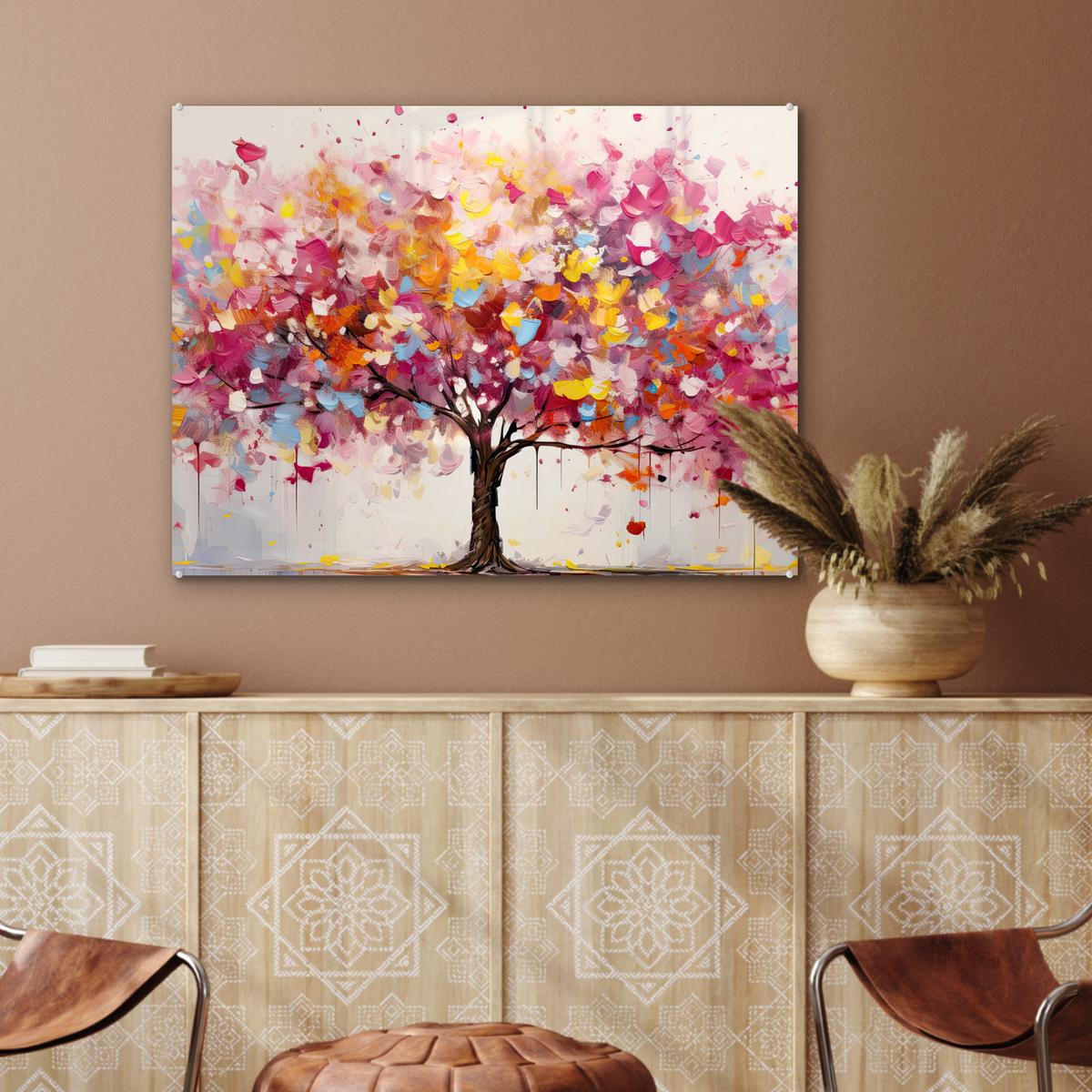 ACRYLGLASBILD Aquarell - Baum - Kunst - Abstrakt 80x60 cm - Multicolor, Glas (80/60cm) - MuchoWow