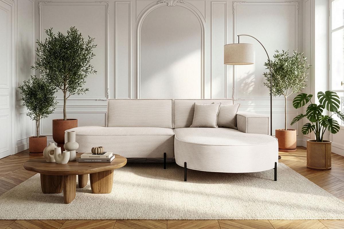 ECKSOFA Hana Loft 3-Sitzer Ecke Rechts, Cordstoff Chenille, Creme 241/80/168 cm - Creme/Schwarz, Textil/Metall (241/168cm) - WFL GROUP