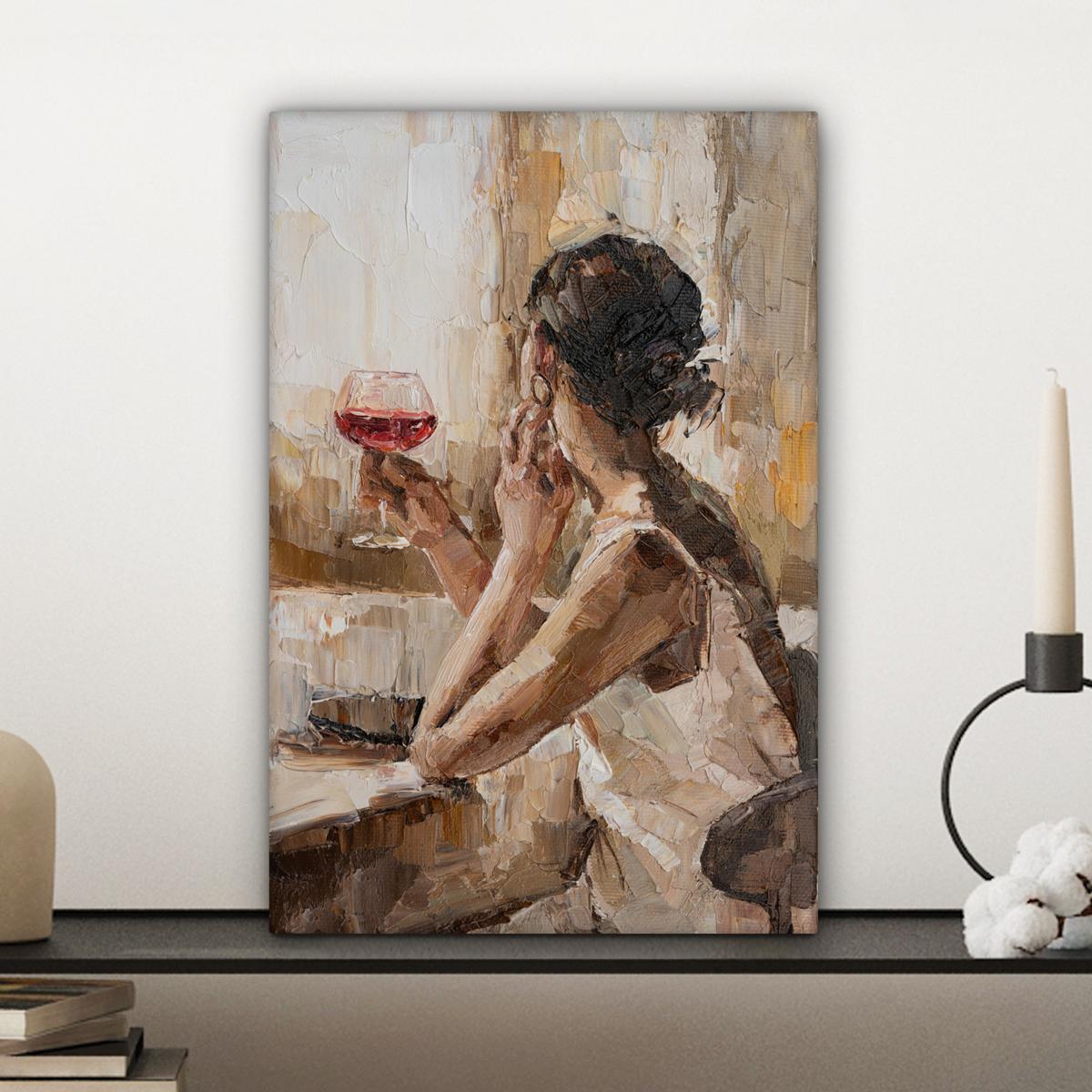 LEINWANDBILD Ölgemälde - Frau - Wein Deko Wohnzimmer 20x30 cm - Hellbraun, Textil (20/30cm) - MuchoWow