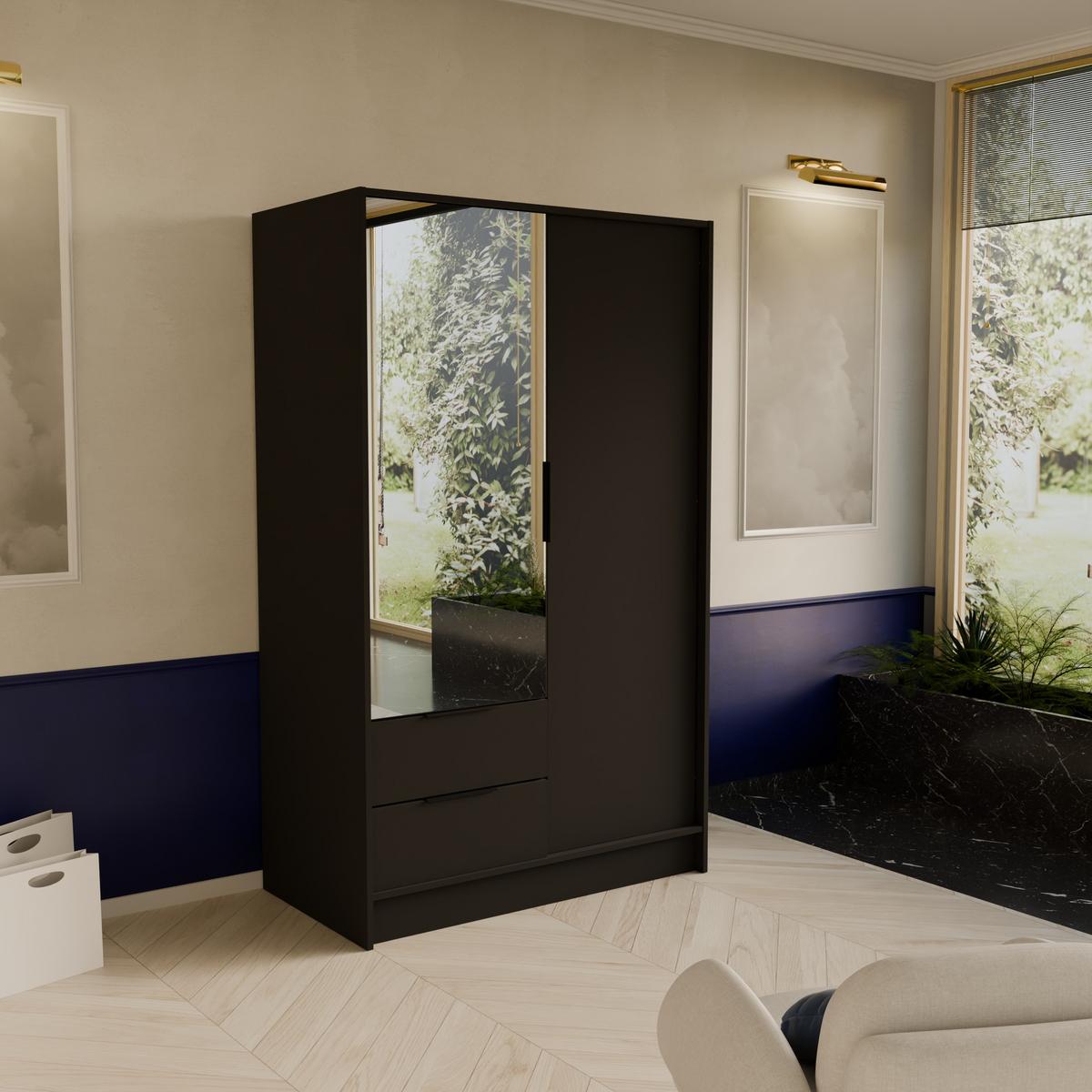 DREHTÜRENSCHRANK CAVA 102/200/51 cm Modern Kleiderschrank 2-türig mit Spiegel Schwarz - Schwarz, Holzwerkstoff (102/200/51cm) - MASSENO