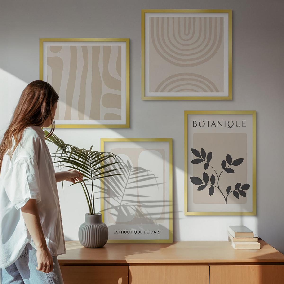 BILDER SET 4er Set - 50x50 cm & 40x60 cm Goldrahmen - Boho-Pflanzenposter - Goldfarben, Kunststoff (50/50cm) - TULUP