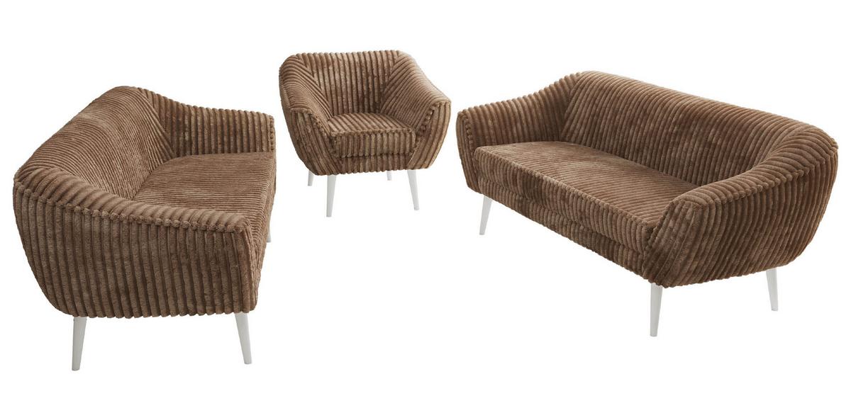 SITZGARNITUR PIRS 3+3+1 - Braun Cord - Weiße Beine - Braun/Weiß, Holzwerkstoff/Textil (180/75/74cm) - MKS