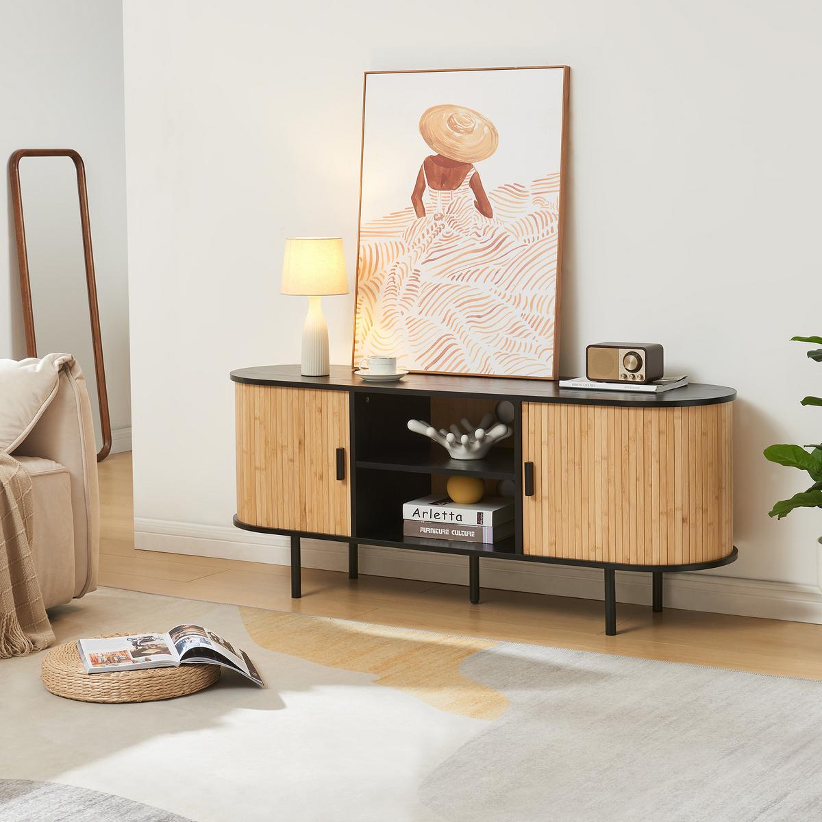 TV-ELEMENT Tvedestrand - Schwarz/Naturfarben, Holzwerkstoff/Metall (140/55/40cm) - [en.casa]