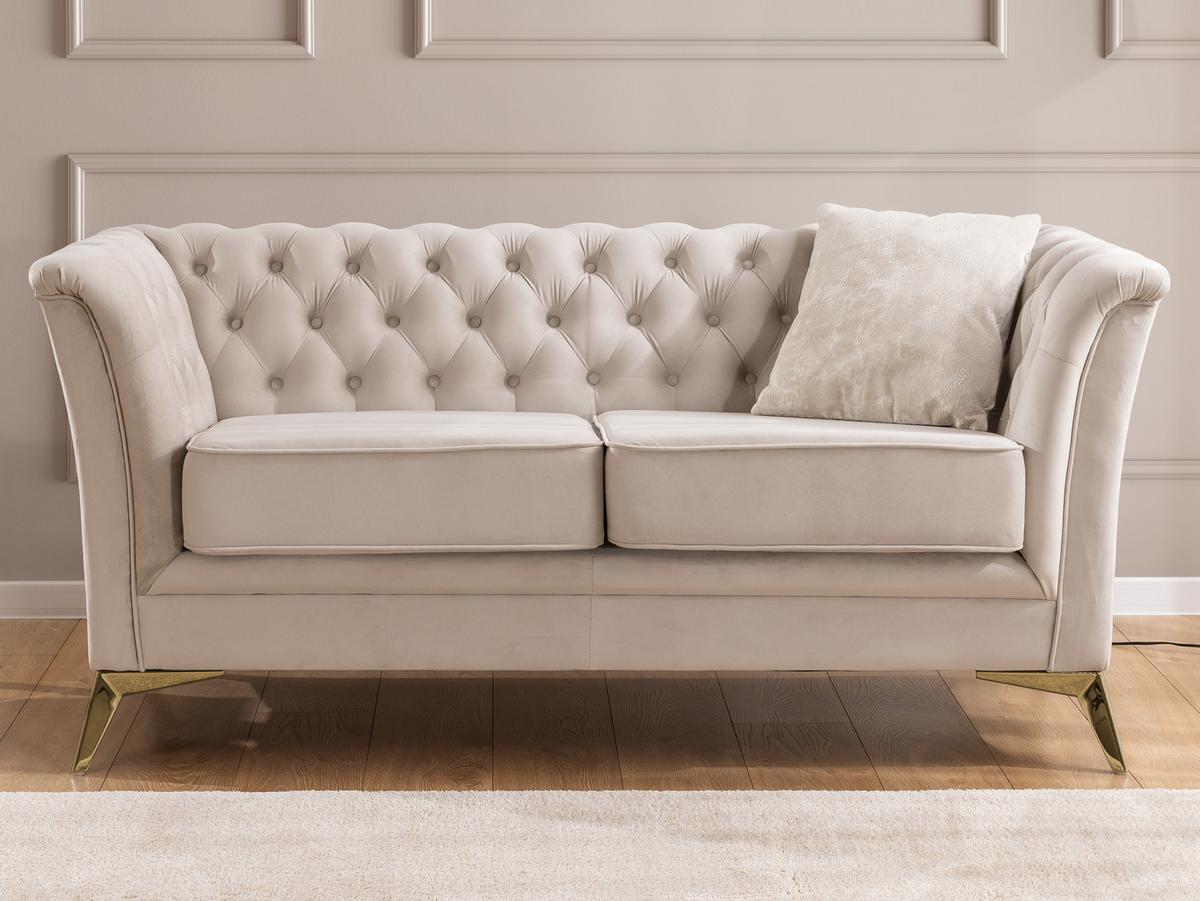 CHESTERFIELD-SOFA 2-sitzer Whitby Beige Samt mit goldenen Füßen - Beige/Goldfarben, Holz/Textil (175/78/82cm) - S-Style Möbel