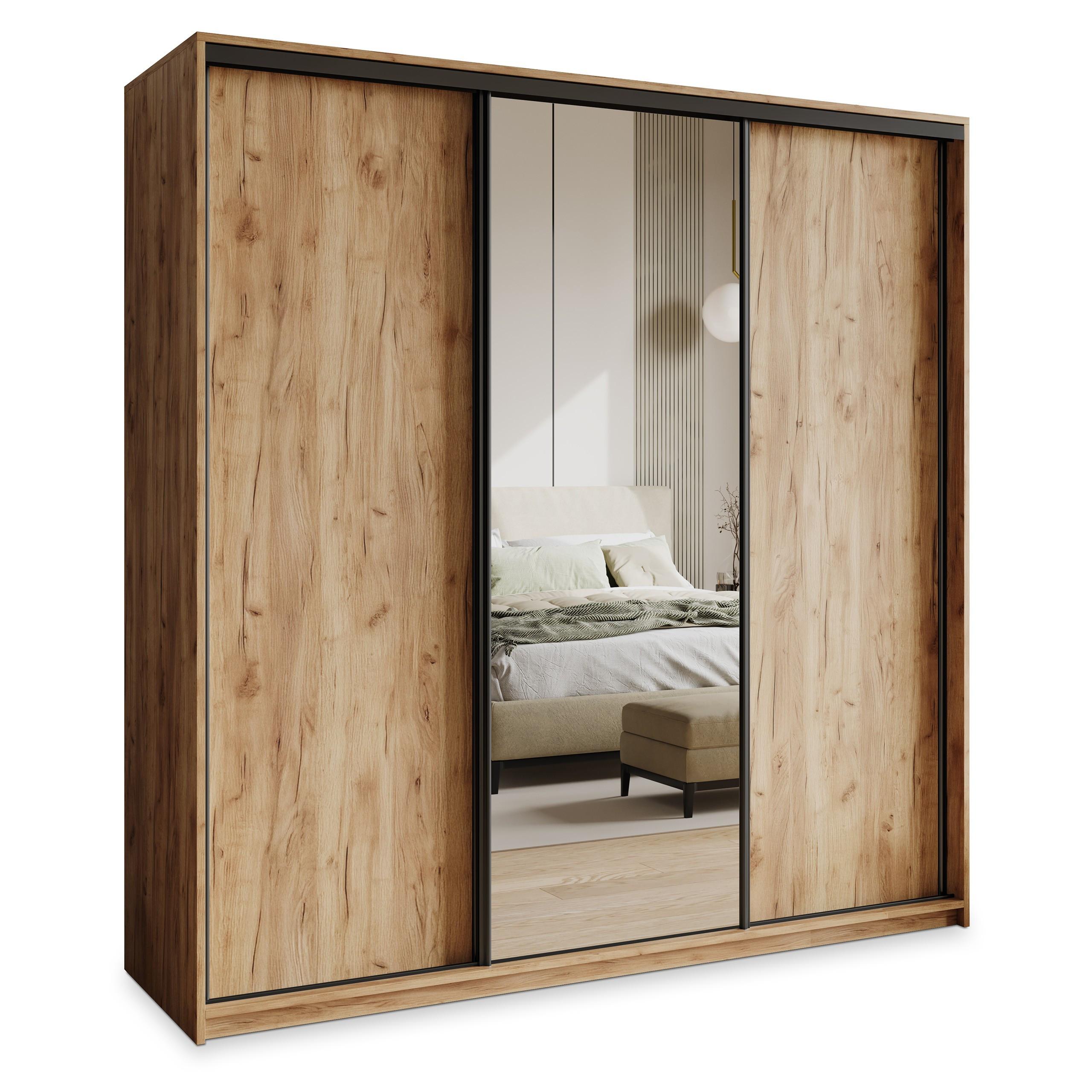 SCHWEBETÜRENSCHRANK TAVI 180/205/60 cm 3-türig mit Spiegel und Schubladen Craft Eiche Gold - Schwarz/Orange, Holzwerkstoff (180/205/60cm) - MASSENO