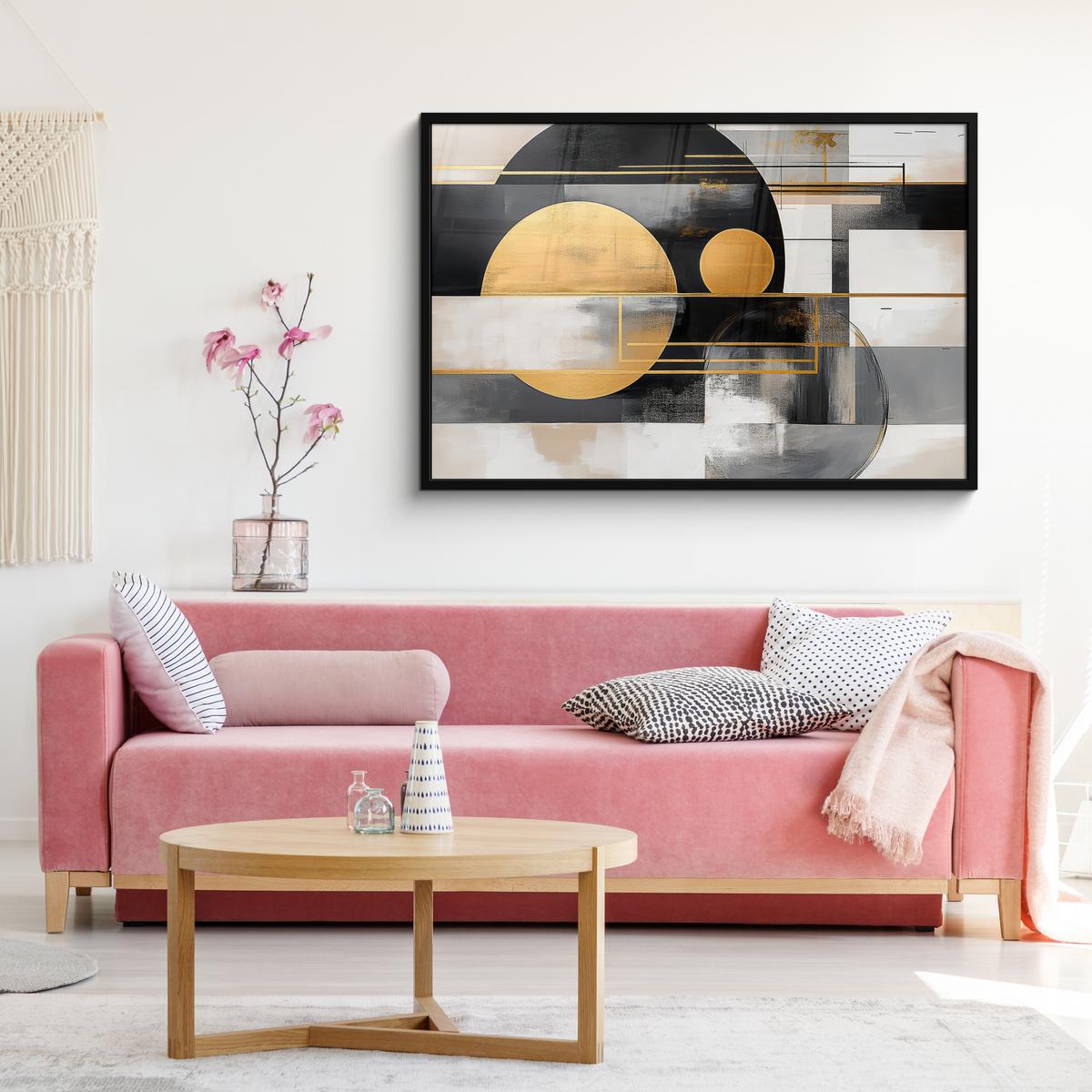 POSTER MIT RAHMENGERAHMTES BILD Abstrakt - Gold - Silber - Formen - Ästhetisch - Modern 120x80 cm - Goldfarben, Papier (120/80cm) - MuchoWow