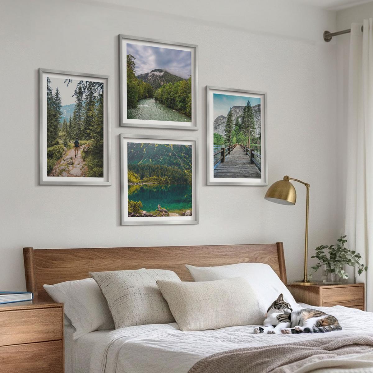 BILDER SET 4er Set - 50x50 cm & 40x60 cm Silberner Rahmen - Berge, Seen, Wälder, Wege - Silberfarben, Kunststoff (50/50cm) - TULUP