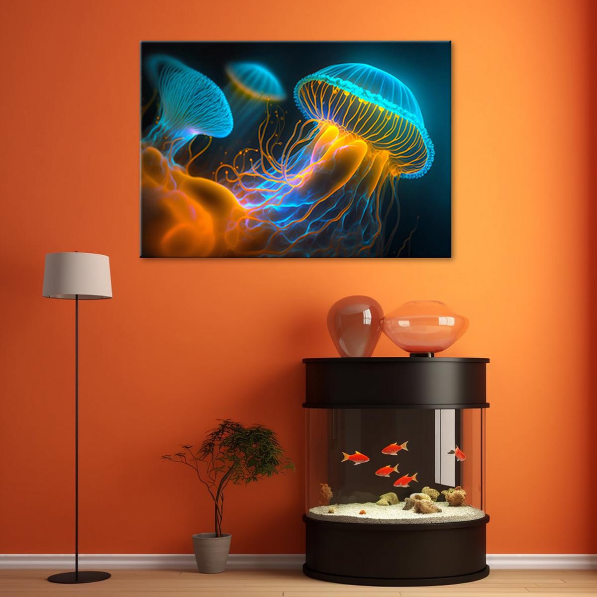WANDBILD qualle unter wasser neon - Multicolor, Textil (60/40cm) - Feeby