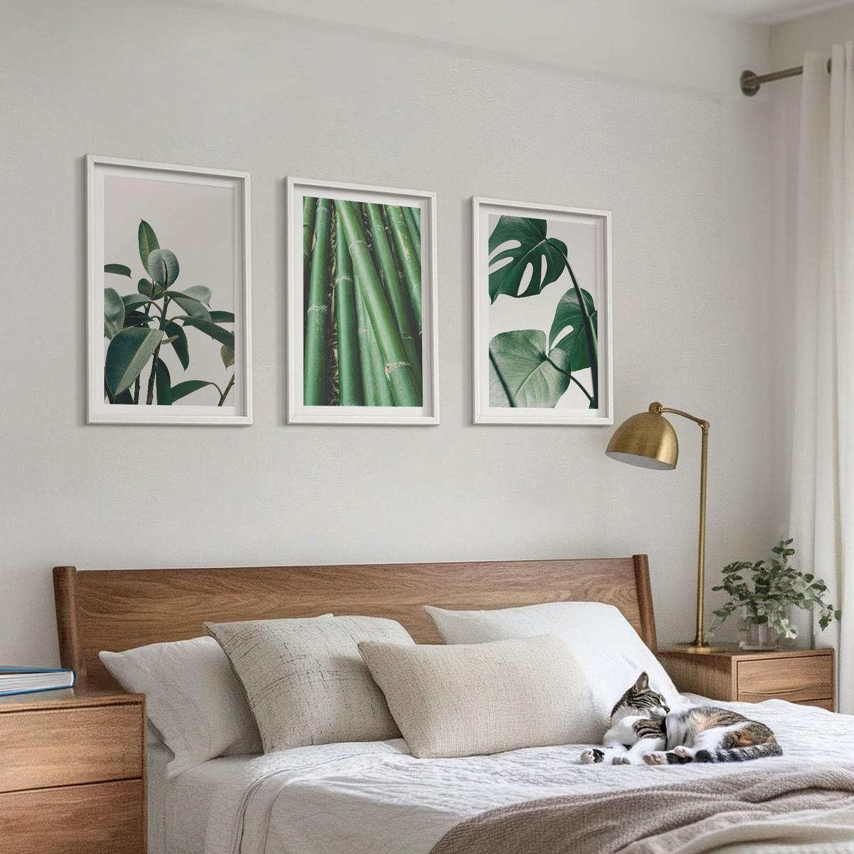 BILDER SET 3er Set - 40x60 cm Weißer Rahmen - Bambusstängel und Monstera-Blätter - Weiß, Kunststoff (40/60cm) - TULUP