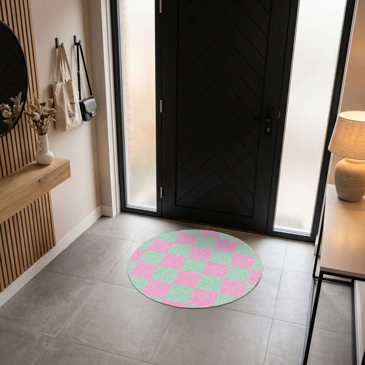 FUSSMATTE Schachbrettmuster - Grün - Rosa - Würfel Fußabtreter 90x90 cm - Mintgrün, Kunststoff (90/0.4cm) - MuchoWow