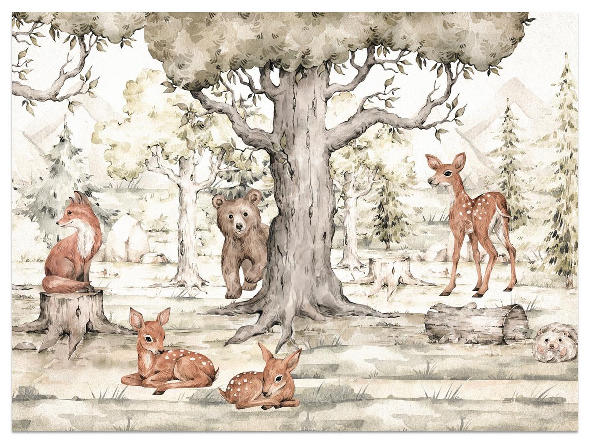FOTOTAPETE für Kinderzimmer Waldtiere Aquarell Bär Fuchs Reh Bäume 200x140 - Beige/Orange, Papier (200/140cm) - Muralo