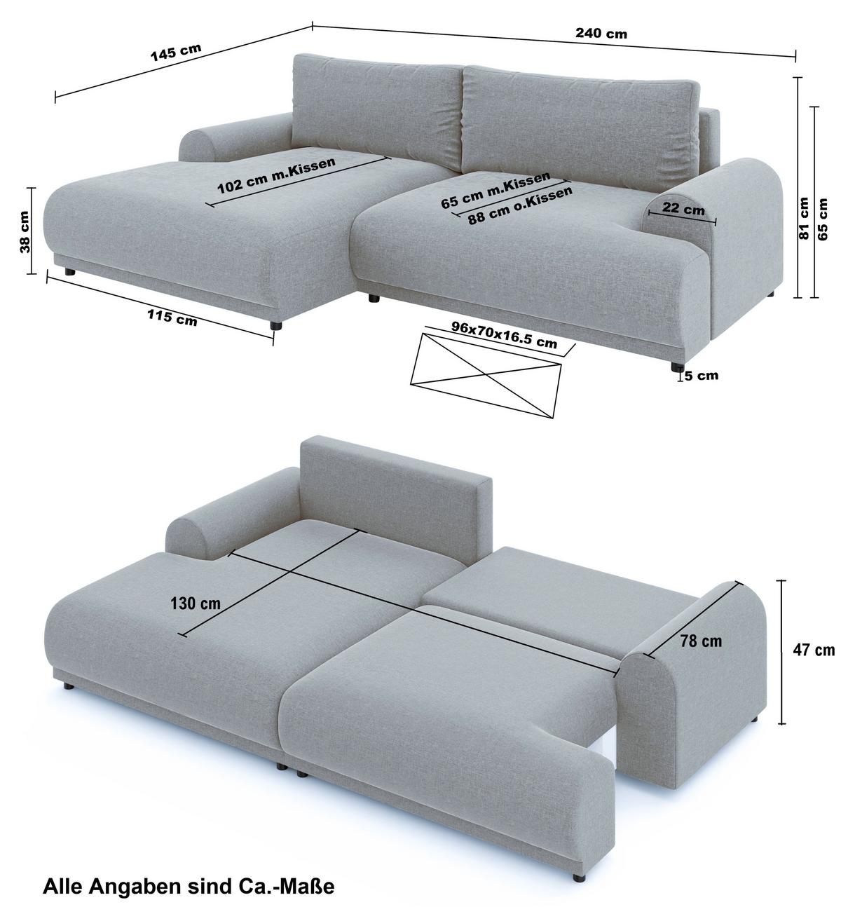 ECKSOFA mit Schlaffunktion, Bettkasten, extrabreite Ottomane links, abgerundete Armlehnen, B240/T145/H81 cm, Chenille Hellbraun / 21022 - Hellbraun/Schwarz, Kunststoff/Textil (240/145cm) - luma-home