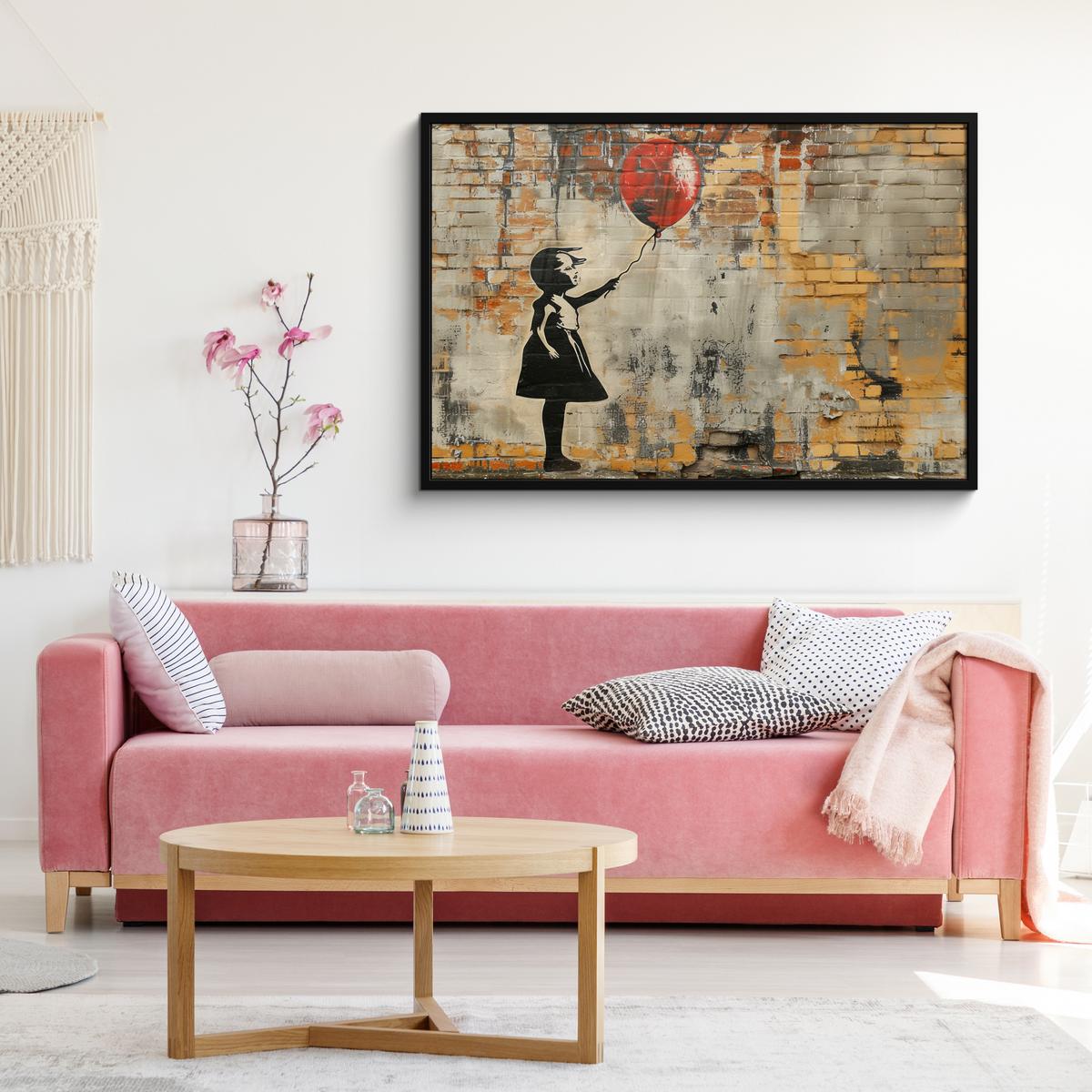 POSTER MIT RAHMENGERAHMTES BILD Graffiti - Banksy - Mädchen - Straßenkunst 120x80 cm - Sandfarben, Papier (120/80cm) - MuchoWow