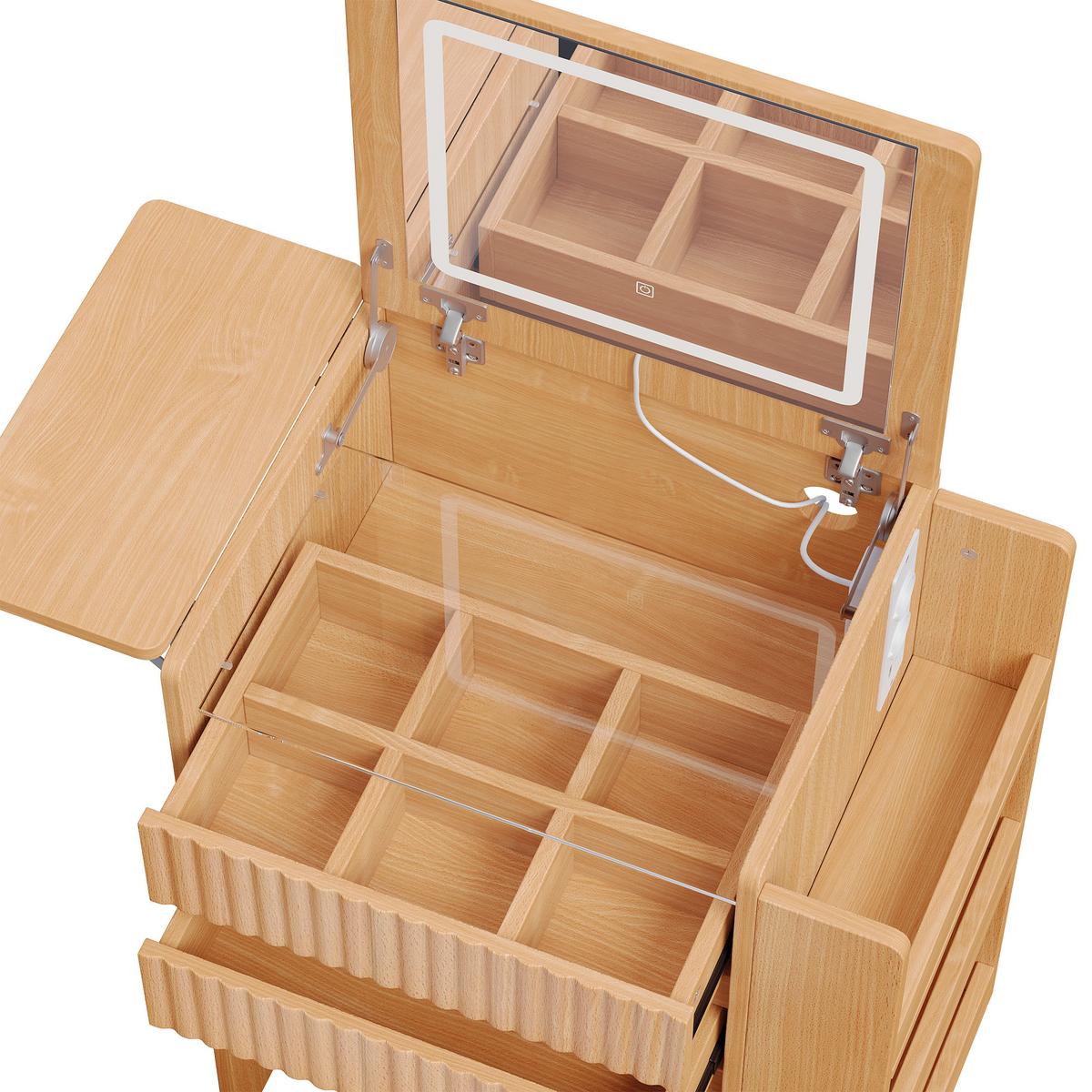 SCHMINKTISCH mit Hocker Naturholzoptik mit LED-Klappspiegel, Ladestation - Naturfarben, Holzwerkstoff (79/120/40cm) - Urban Meuble