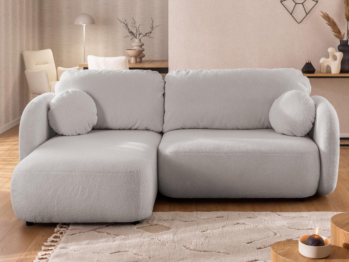 ECKSOFA Candy mit Schlaffunktion Hellgrau Bouclé-Stoff - Ottomane links - Hellgrau/Schwarz, Holz/Kunststoff (230/146cm) - S-Style Möbel