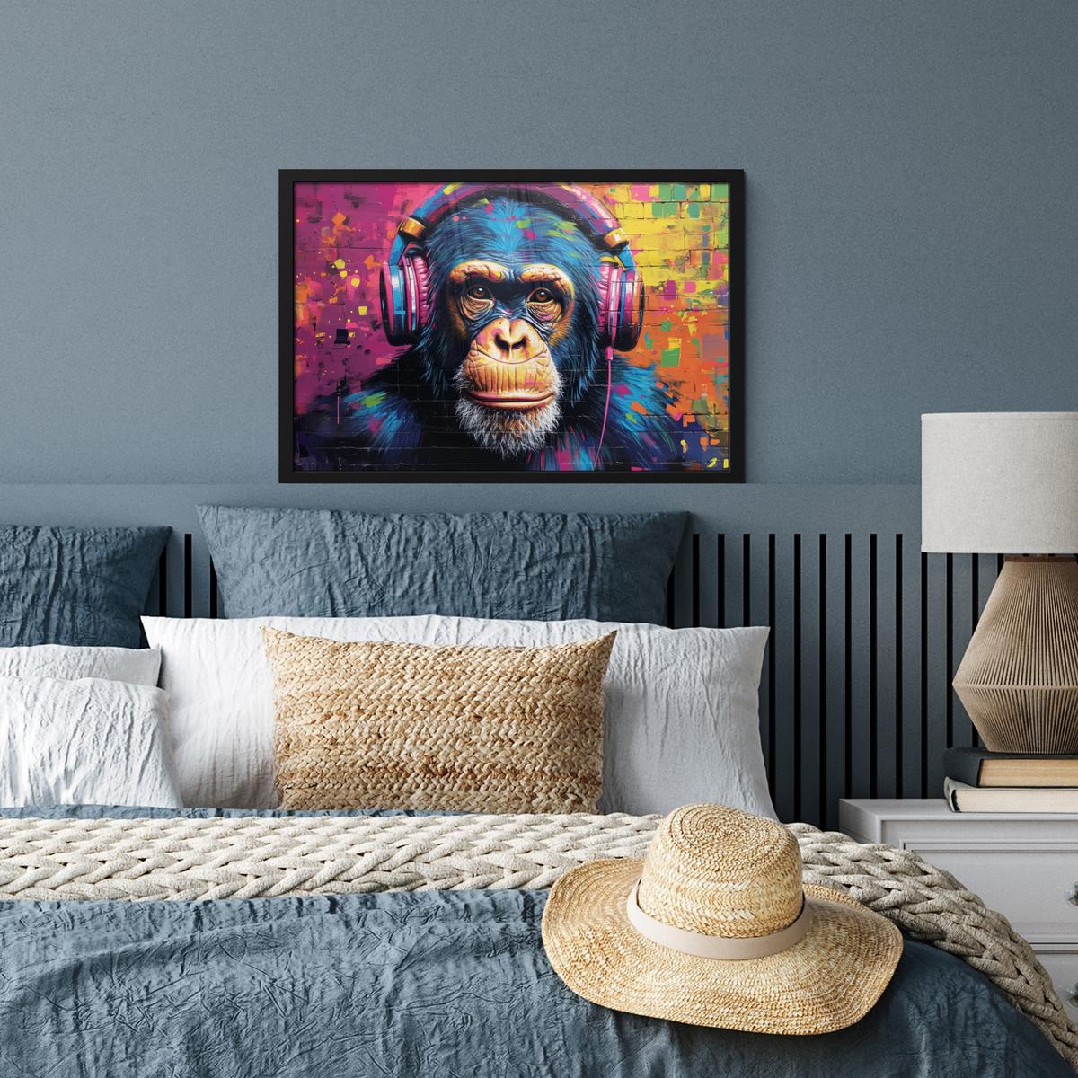 POSTER MIT RAHMENGERAHMTES BILD Graffiti - Schimpanse - Straßenkunst - Kopfhörer - Affe 60x40 cm - Blau, Papier (60/40cm) - MuchoWow
