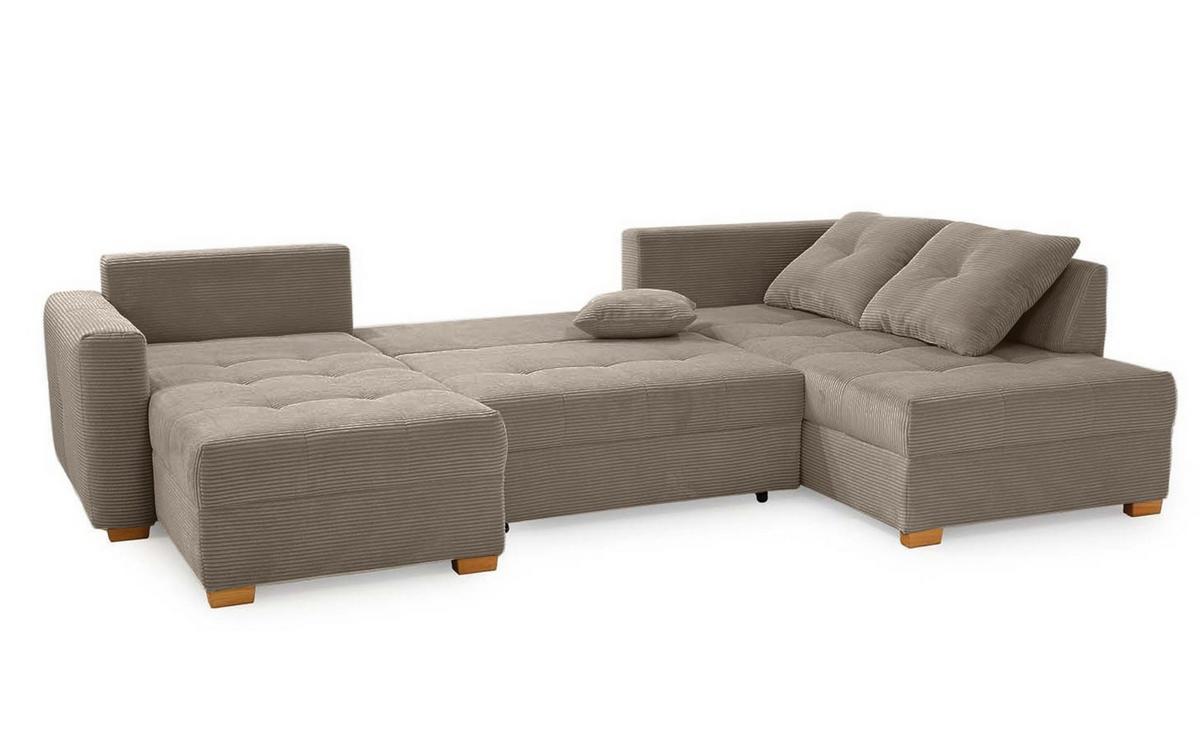 WOHNLANDSCHAFT mit Schlaffunktion und Bettkasten, spiegelverkehrt montierbar U-Form B313/T200/H92 cm, Cord Braun Taupe / 15219 - Eichefarben/Braun, Holz/Textil (313/92/200cm) - luma-home