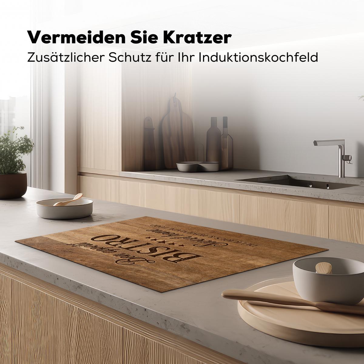 HERDABDECKPLATTE Zitat - Bistro - Guten Appetit - Süßes Zuhause - Holzmaserung Induktionsmatte 77x51 cm - Braun, Kunststoff (77/51/0.2cm) - MuchoWow