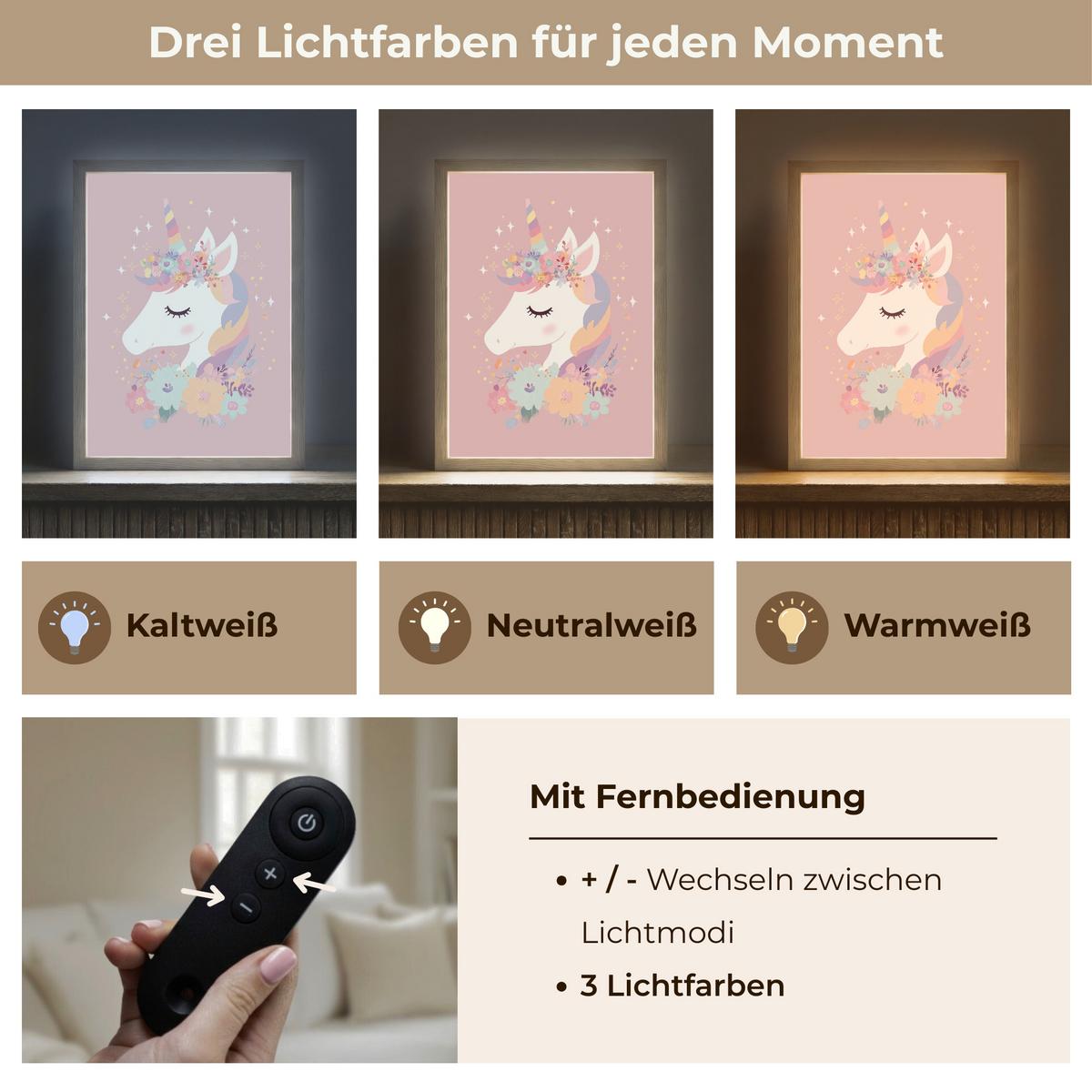 WANDLEUCHTE MIT AKKU Einhorn - Rosa - Blumen 30x40 cm - Rosa, Holzwerkstoff (30/40/8cm) - OnlyWow