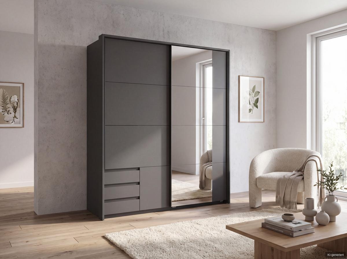 SCHWEBETÜRENSCHRANK 2-türig B183/H200/T65 cm, Passepartout-Kleiderschrank in Grafit mit sichtbaren Schubkästen & Spiegel / 22714 - Graphitfarben/Schwarz, Holz/Holzwerkstoff (183/200/65cm) - luma-home