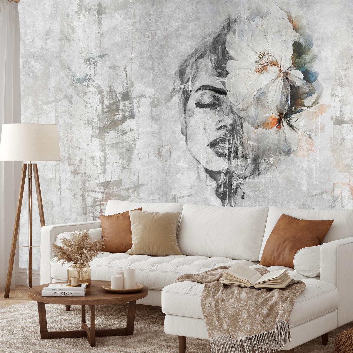 FOTOTAPETE für Schlafzimmer Frau Porträt Blume Beton Abstraktion 400x280 - Blau/Orange, Papier (400/280cm) - Muralo