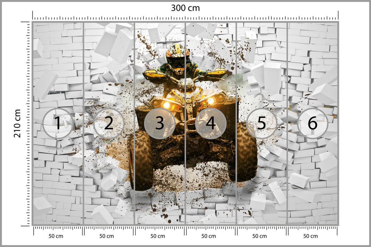 FOTOTAPETE für Büro Schlammbedecktes Quad Durchbricht Backsteinmauer 300x210 - Gelb/Beige, Papier (300/210cm) - Muralo