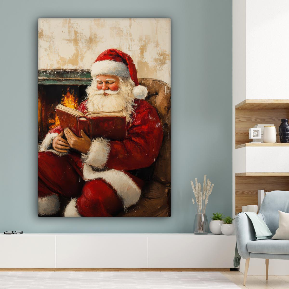 LEINWANDBILD Weihnachten - Weihnachtsmann - Winter - Open Fireside Deko Groß 90x140 cm - Dunkelrot, Textil (90/140cm) - MuchoWow