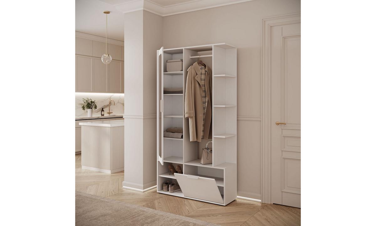 GARDEROBE NOLA 100/33,1/188,5 cm Weiß mit Spiegel und Schuhschrank - Weiß, Holzwerkstoff/Metall (100/188.5/33.1cm) - Lookway