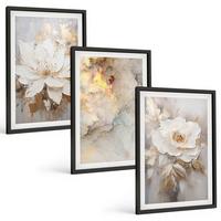 BILDER SET 3er Set - 40x60 cm Schwarzer Rahmen - Blumen heller abstrakter Hintergrund - Schwarz, Kunststoff (40/60cm) - TULUP