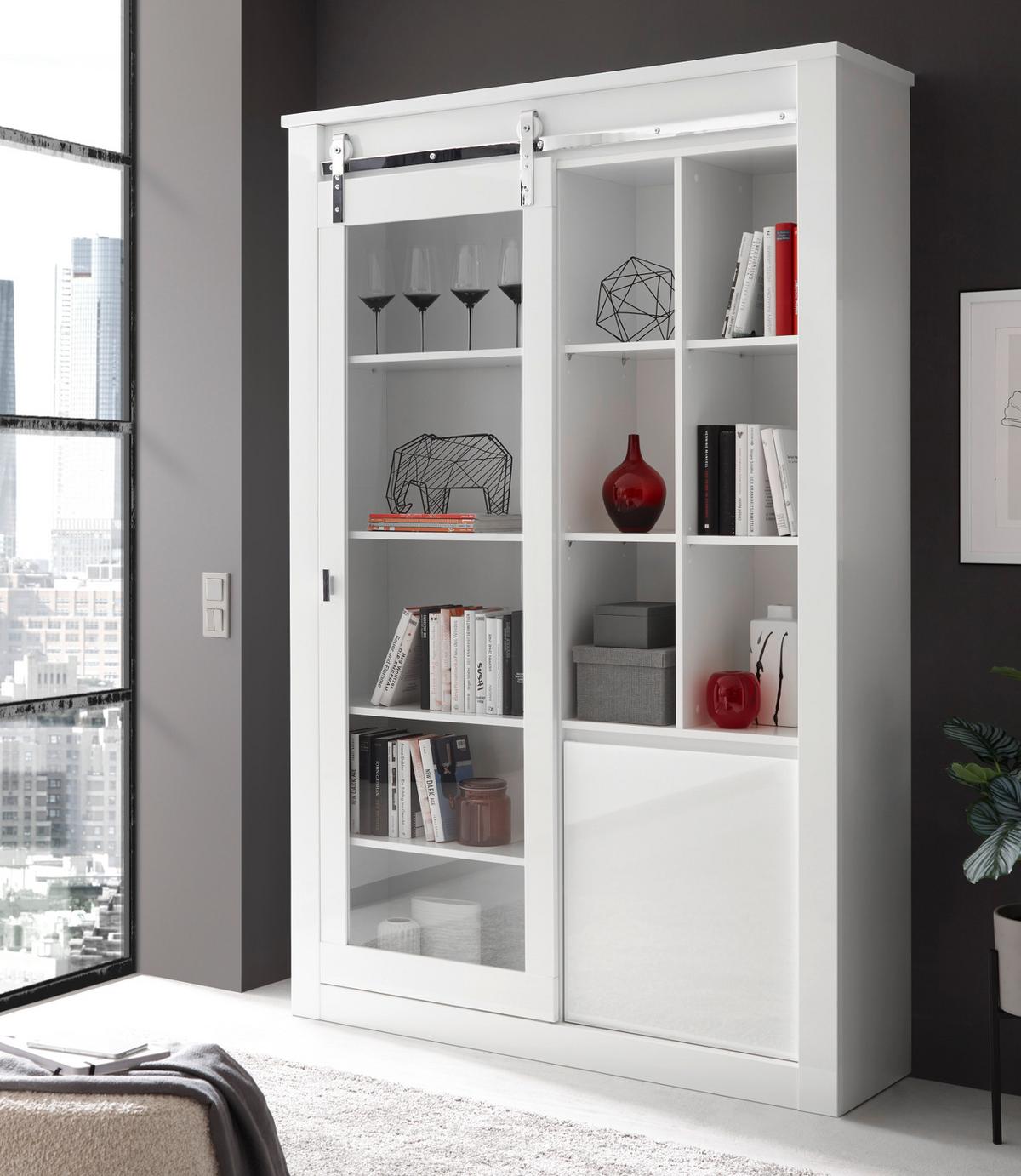 VITRINE weiß Hochglanz 133 x 201 cm, Vitrinenschrank inklusive LED-Beleuchtung, Soft-Close - Chromfarben/Weiß Hochglanz, Glas/Holzwerkstoff (133/153/38cm) - Furn.Design