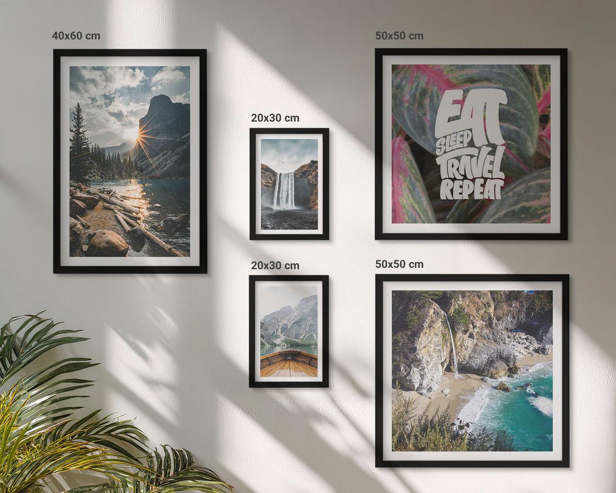 BILDER SET 5er Set - 50x50 cm & 20x30 cm & 40x60 cm Schwarzer Rahmen - Wasserfall Bergreise Natur - Schwarz, Kunststoff (40/60cm) - TULUP