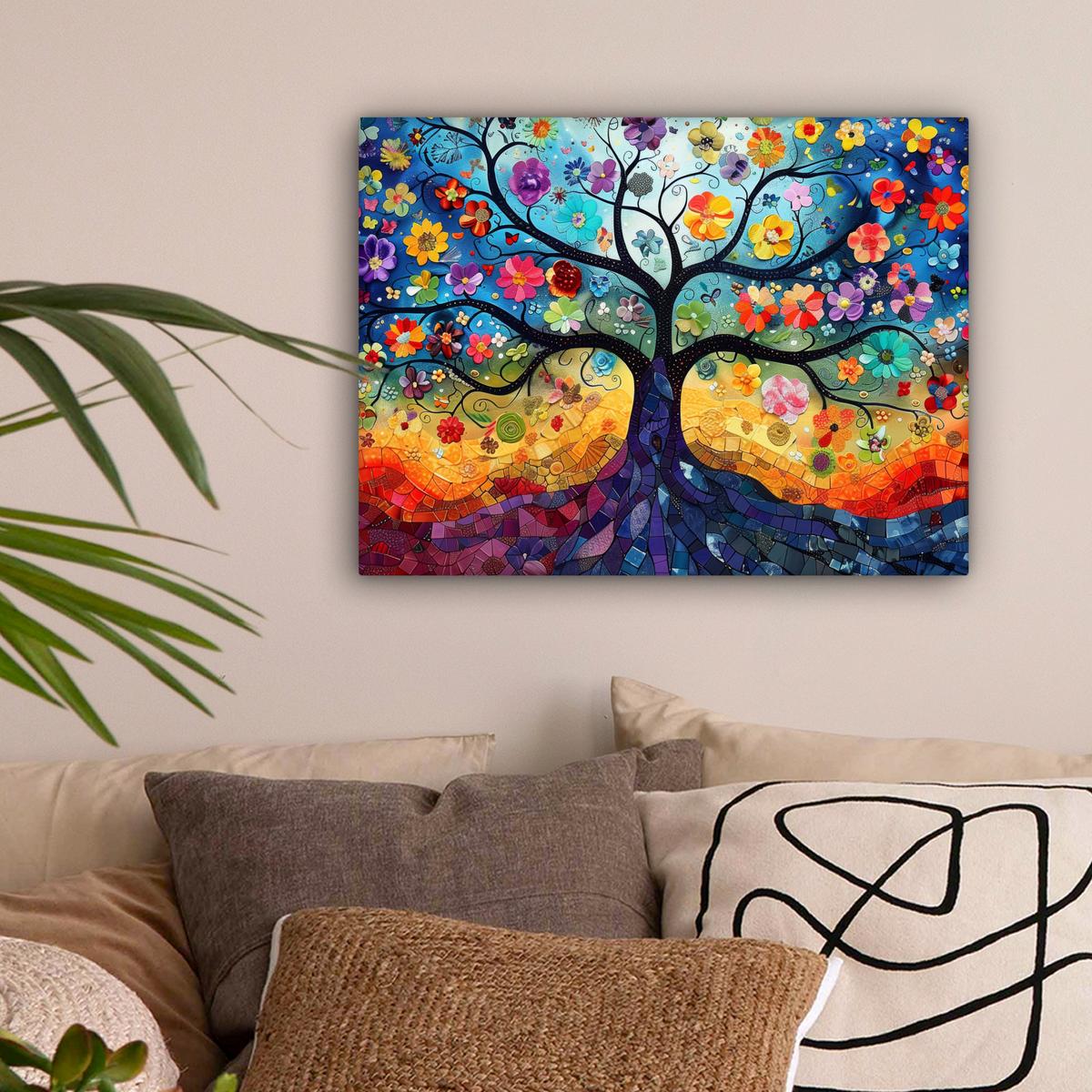 LEINWANDBILD Kunst - Baum des Lebens - Blumen - Hippie Wandbild 40x30 cm - Dunkelblau, Textil (40/30cm) - MuchoWow