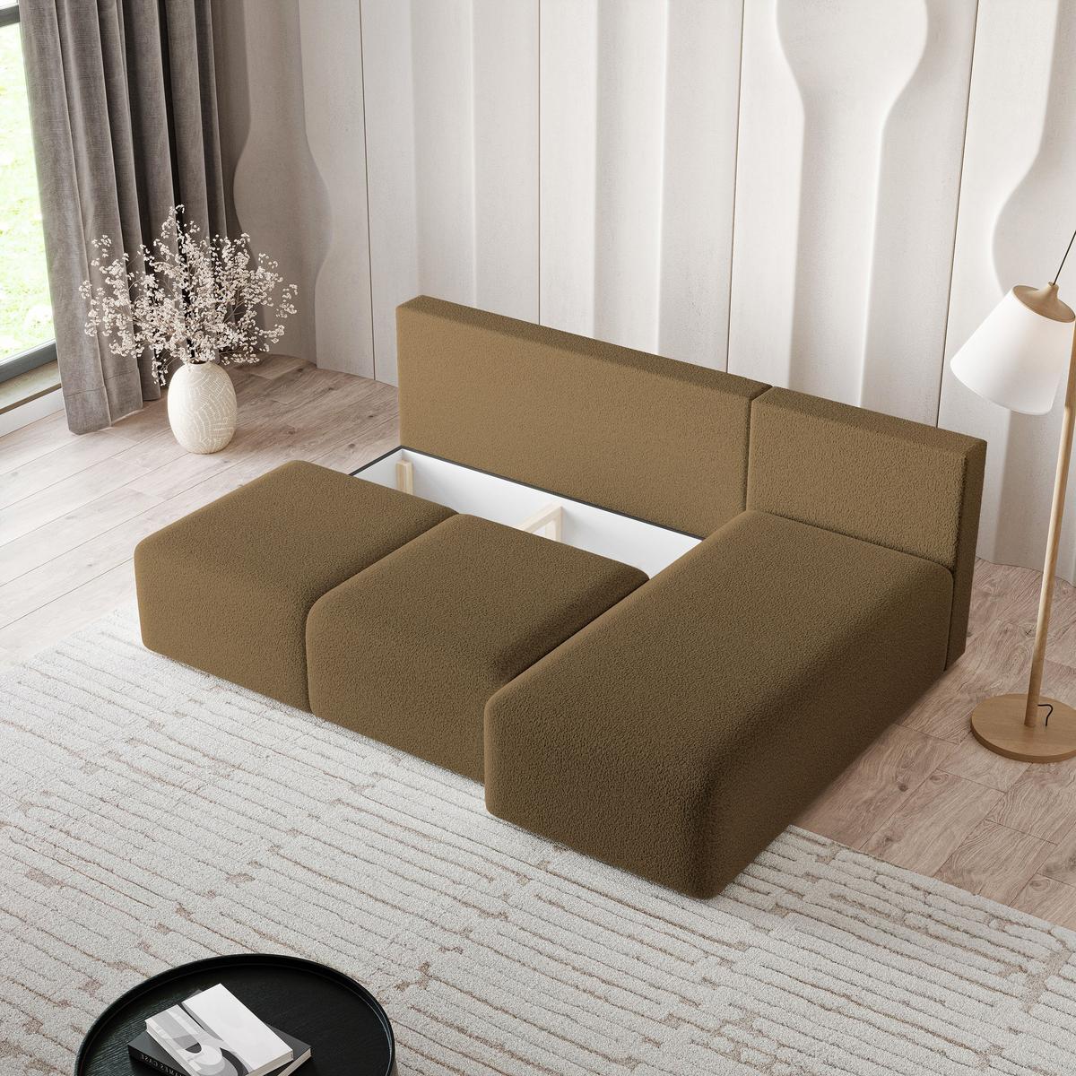 ECKSOFA TRAMA Orange Boucle-Stoff mit Schlaffunktion - Orange, Holz (200/143cm) - MASSENO
