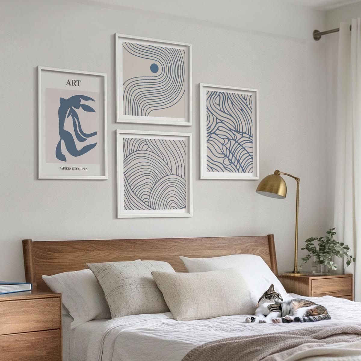BILDER SET 4er Set - 50x50 cm & 40x60 cm Weißer Rahmen - Abstrakte blaue Linien - Weiß, Kunststoff (50/50cm) - TULUP