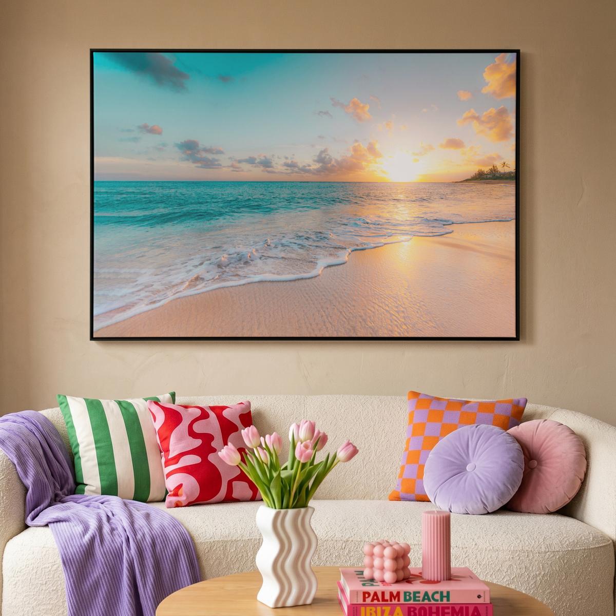 LEINWAND Bilder mit Rahmen - Sonnenuntergang - Strand - Meer - Sommer - Blau - 150x100 - Multicolor, Textil (150/100cm) - MuchoWow