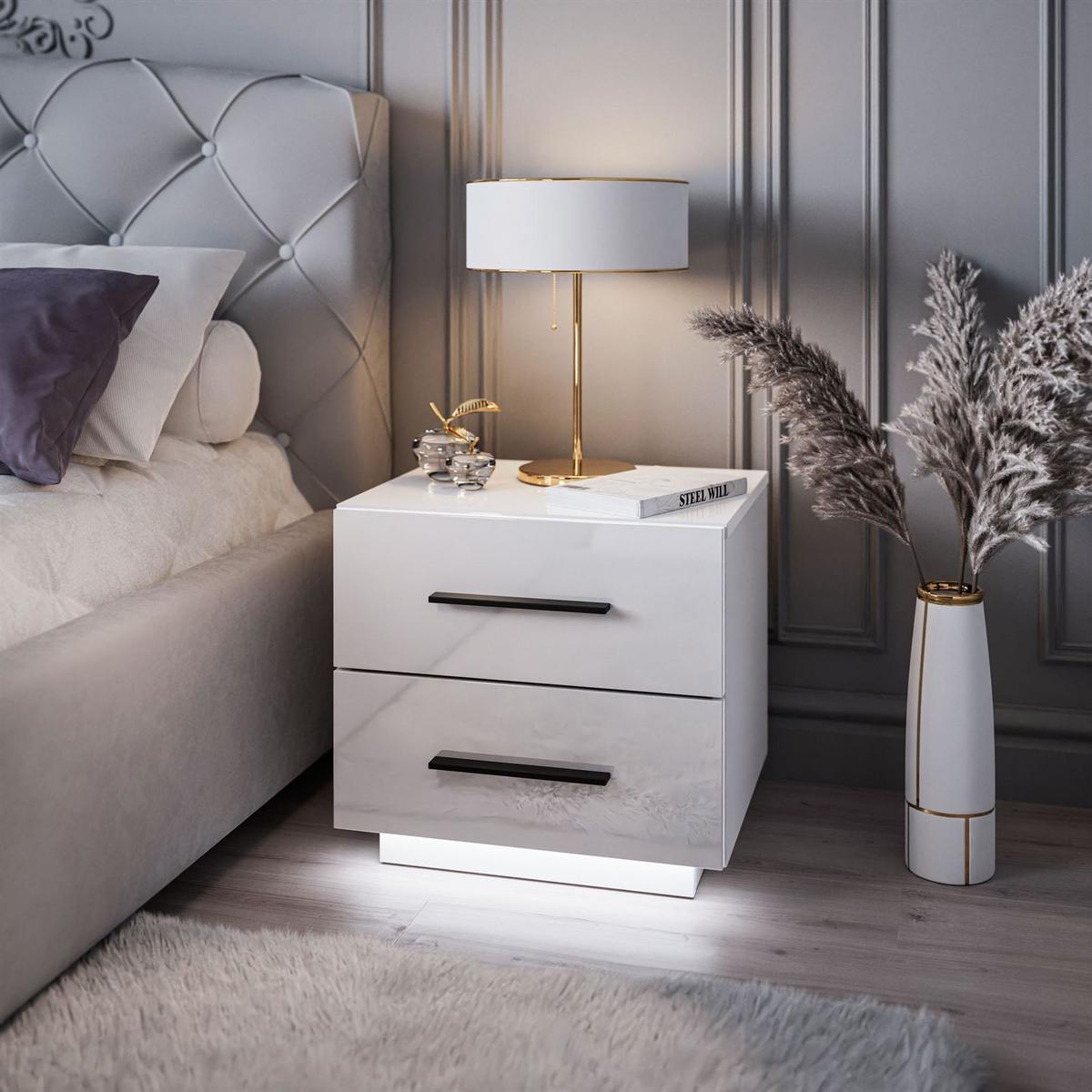 NACHTTISCH LINA LUX mit Griffen und Hochglanzplatte, LED – Griffe: Schwarz - Weiß, Holzwerkstoff (45/48/38.5cm) - Lookway