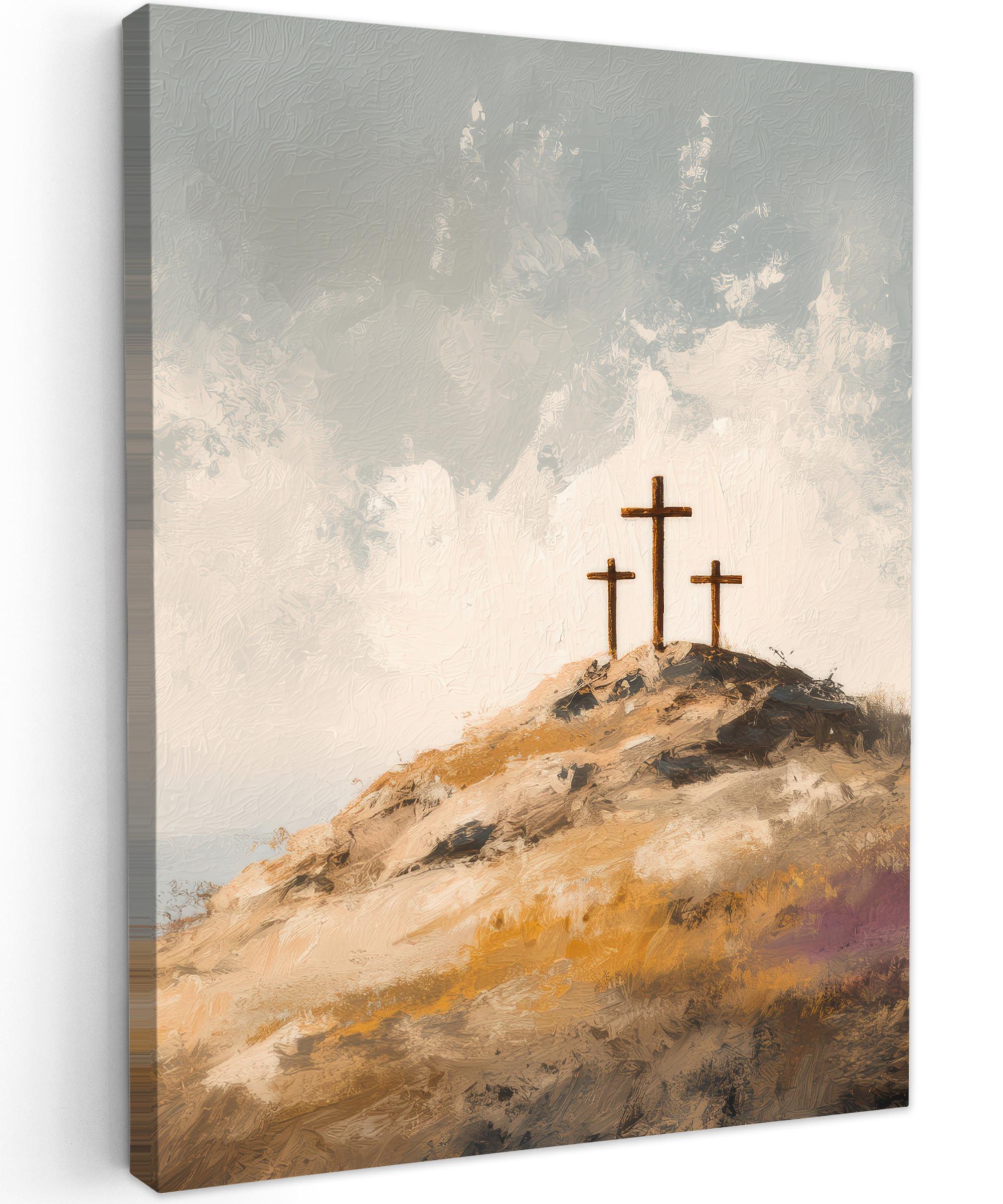 LEINWANDBILD Hügel - Abstrakt - Christentum - Kreuz Wandbild Wohnzimmer 60x80 cm - Hellgrau, Textil (60/80cm) - MuchoWow