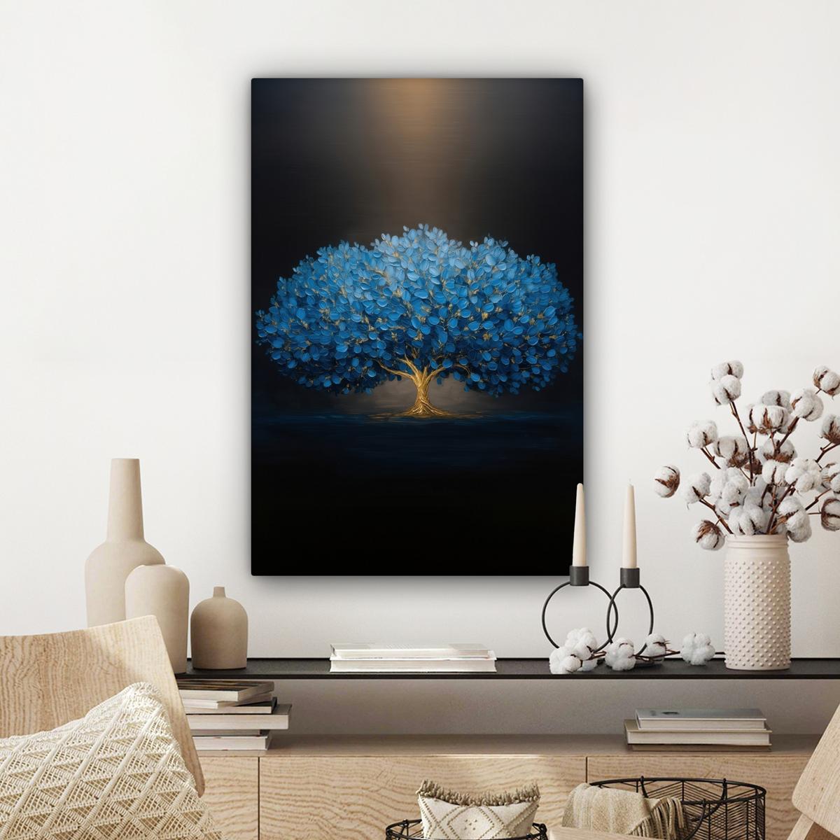 LEINWANDBILD Baum - Blau - Blätter - Pinselstriche Wanddeko Schlafzimmer 60x90 cm - Blau, Textil (60/90cm) - MuchoWow
