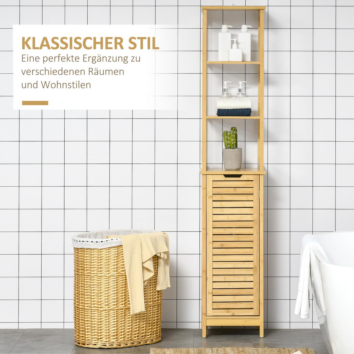 HOCHSCHRANK mit 3 offenen Fächer und 1 Schrank, kleine Räume, Natur - Naturfarben, Holz/Bambusholz (30/173/34cm) - Kleankin
