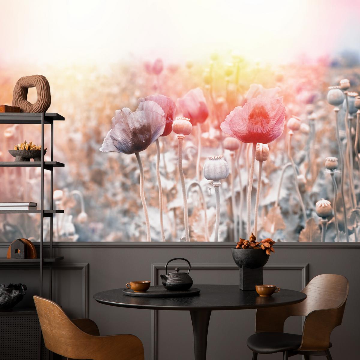 FOTOTAPETE für Wohnzimmer Mohnfeld Wiese Sonnenaufgang Natur 350x256 - Gelb/Rot, Papier (350/256cm) - Muralo