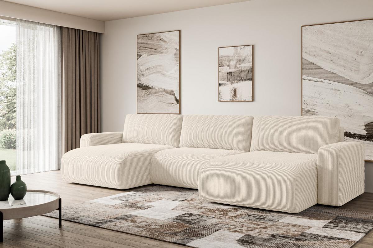 WOHNLANDSCHAFT mit Schlaffunktion und Bettkasten KLEEA-U - 347x143x83 cm Beige Cord - Beige/Schwarz, Holzwerkstoff/Kunststoff (347/83/143cm) - ALTDECOR