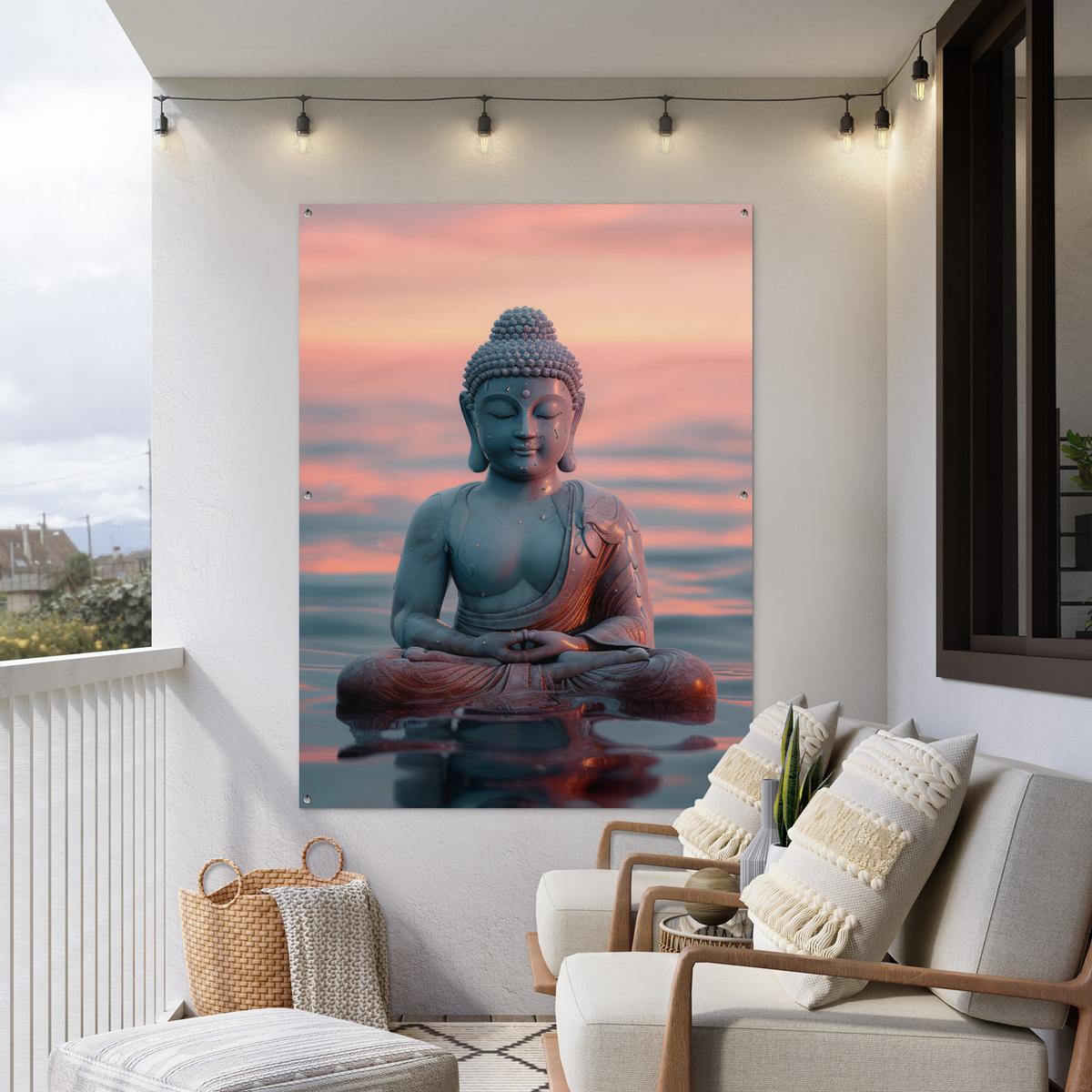 GARTENPOSTER Buddha - Statue - Buddha - Wasser - Kunst - Buddha Gartendekoration 120x160 cm - Blaugrau, Kunststoff (120/160/0.2cm) - OnlyWow