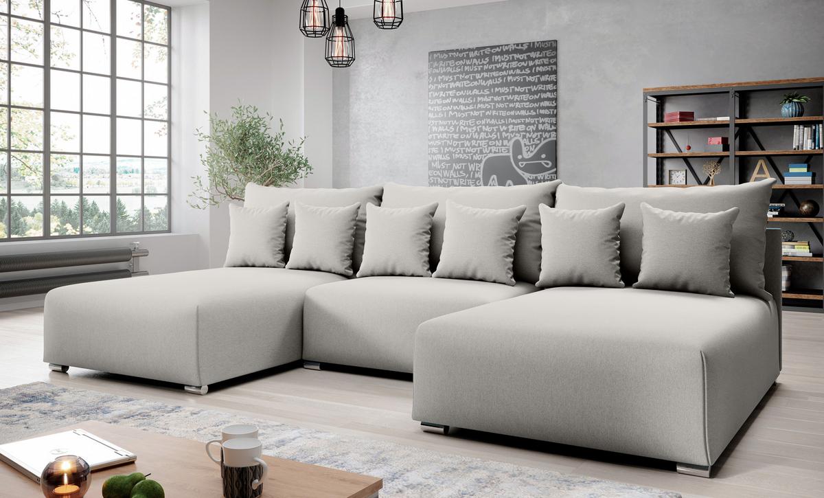 WOHNLANDSCHAFT Ederra U Hellgrau Stoff 300/190/91 cm – großes Sofa mit Schlaffunktion - Silberfarben/Hellgrau, Textil/Metall (300/91/190cm) - AX Living
