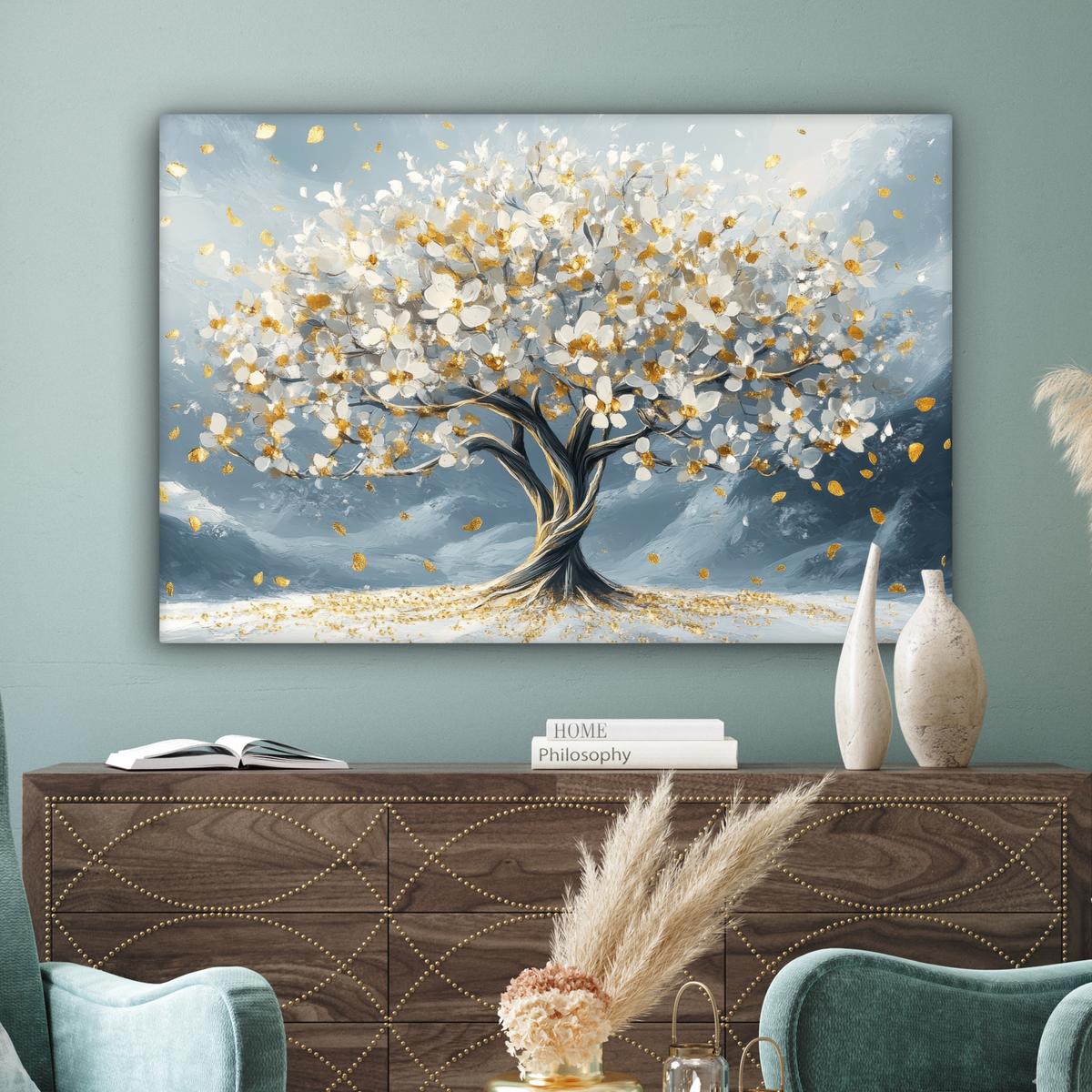 LEINWANDBILD Baum - Winter - Baum des Lebens - Modern - Gold XXL 150x100 cm - Goldfarben, Textil (150/100cm) - MuchoWow