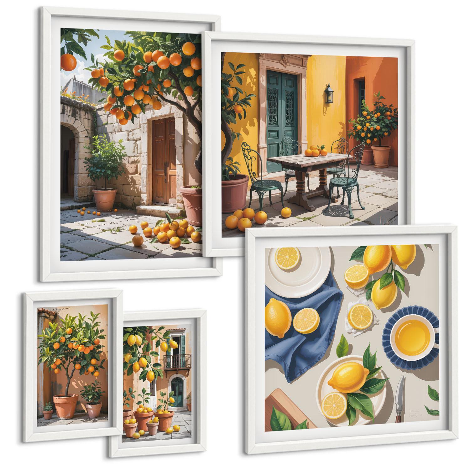 BILDER SET 5er Set - 50x50 cm & 20x30 cm & 40x60 cm Weißer Rahmen - Zitrusgarten in der Sonne - Weiß, Kunststoff (40/60cm) - TULUP