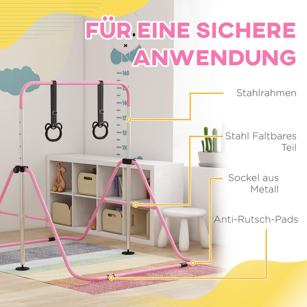 KINDER Gymnastik Turnreck 5-stufige höhenverstellbar Reckstange Stahl Rosa - Rosa, Metall (105/128/148cm) - HOMCOM