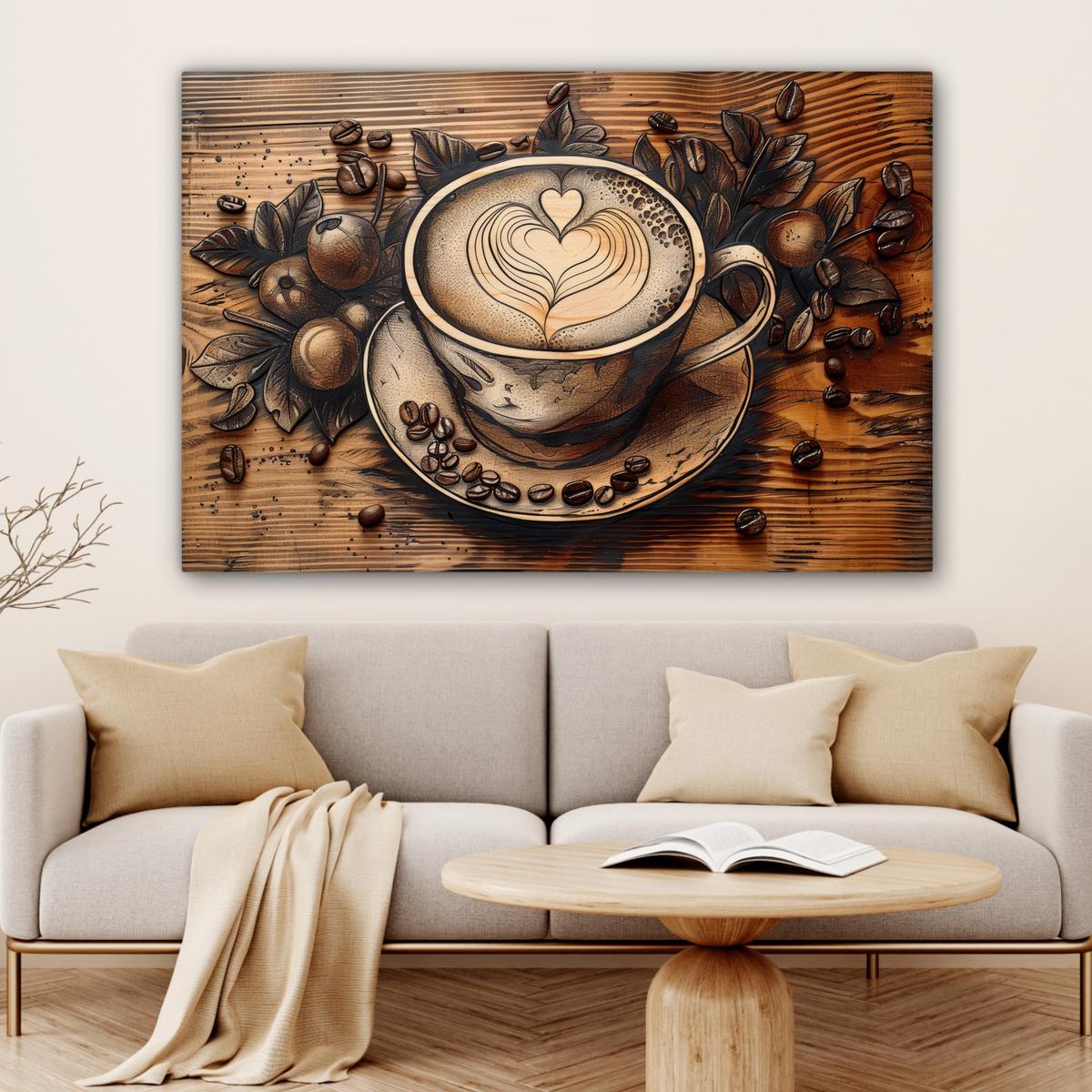 LEINWANDBILD Kaffee - Vintage - Braun - Tasse - Holz Groß 140x90 cm - Braun, Textil (140/90cm) - MuchoWow