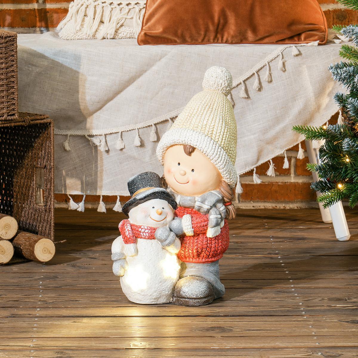 WEIHNACHTSDEKO Figur 45,5 cm Wichtel mit Schneemann LED-Licht In- und Outdoor - Multicolor, Kunststoff/Metall (18/45.5/25cm) - HOMCOM