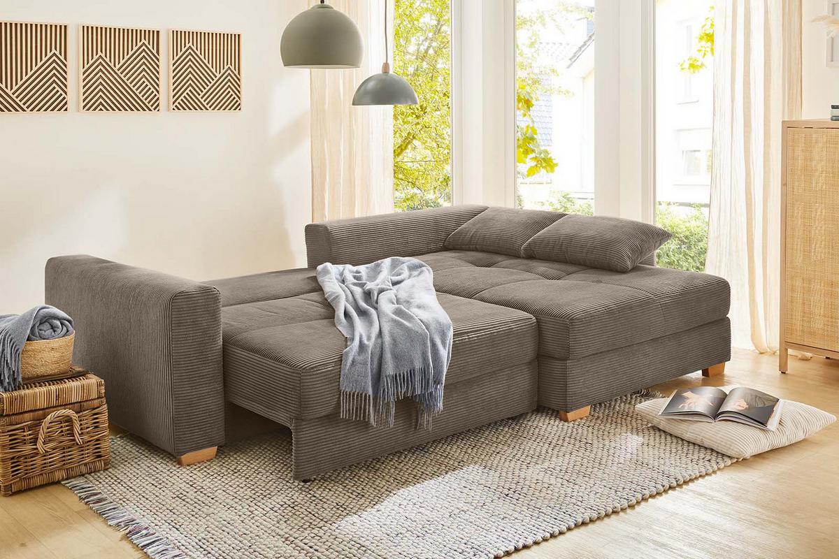 ECKSOFA-DAUERSCHLÄFER Federkern Bettkasten, seitenverkehrt montierbar B288/T186/H86 cm, Liegefl. 153x245 cm, Cord Braun Taupe / 15155 - Eichefarben/Braun, Holz/Textil (288/186cm) - luma-home